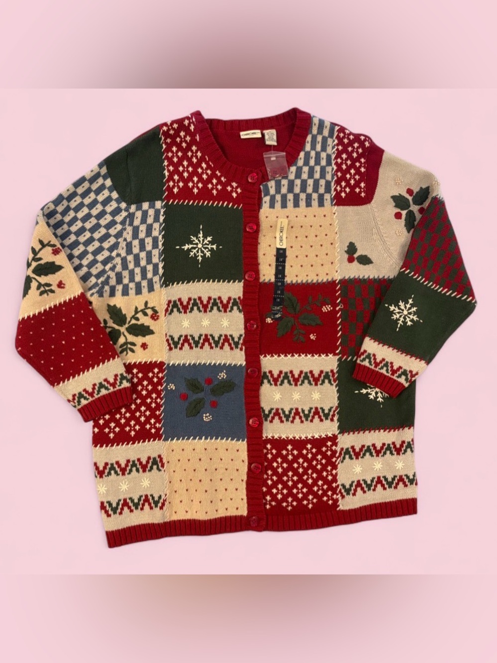 Vintage NWT Cherokee Christmas Patchwork Cardigan Sweater 1X